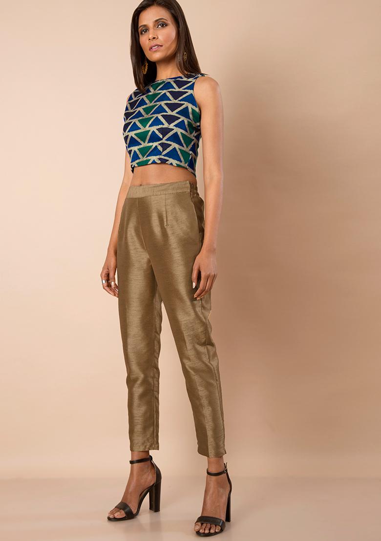 Buy Women Gold Poly Silk Fitted Pants  All Year Festive  Indya