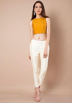 Ivory Poly Silk Fitted Pants                            