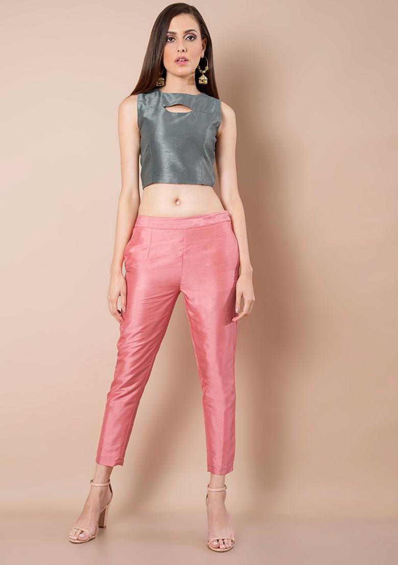 Buy Women Coral Silk Cigarette Pants - Bloggers-Page - Indya