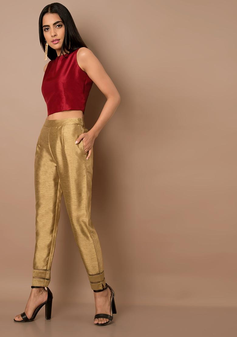 Buy Women Golden Poly Silk Fitted Pants - RTW - Indya