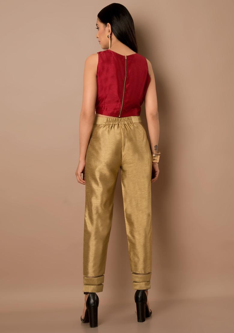 Ethnic Wear Golden EPILOG Mulbary Silk Embroidery Pant Waist Size 3038