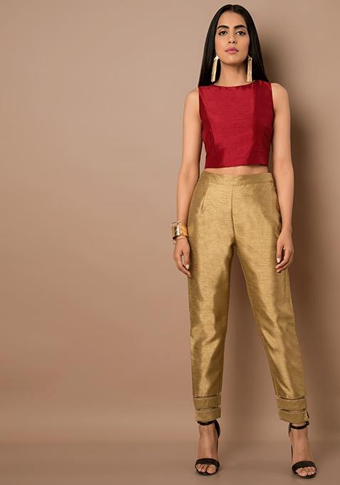 Gold Mesh Insert Poly Silk Fitted Pants