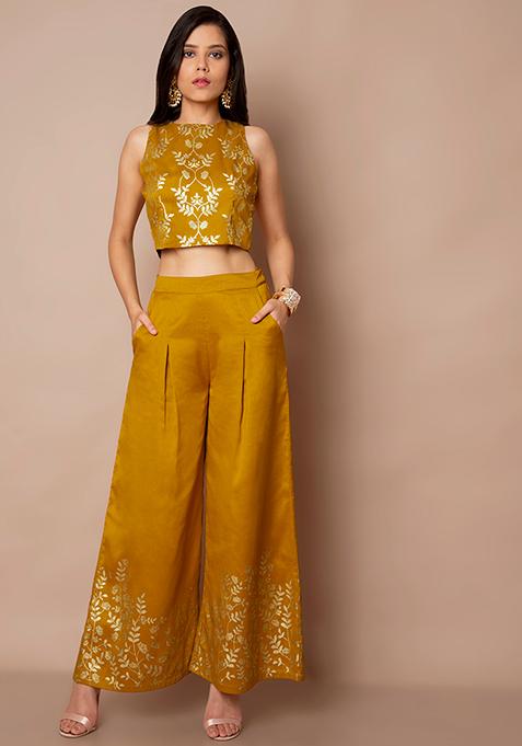 yellow top with black palazzo