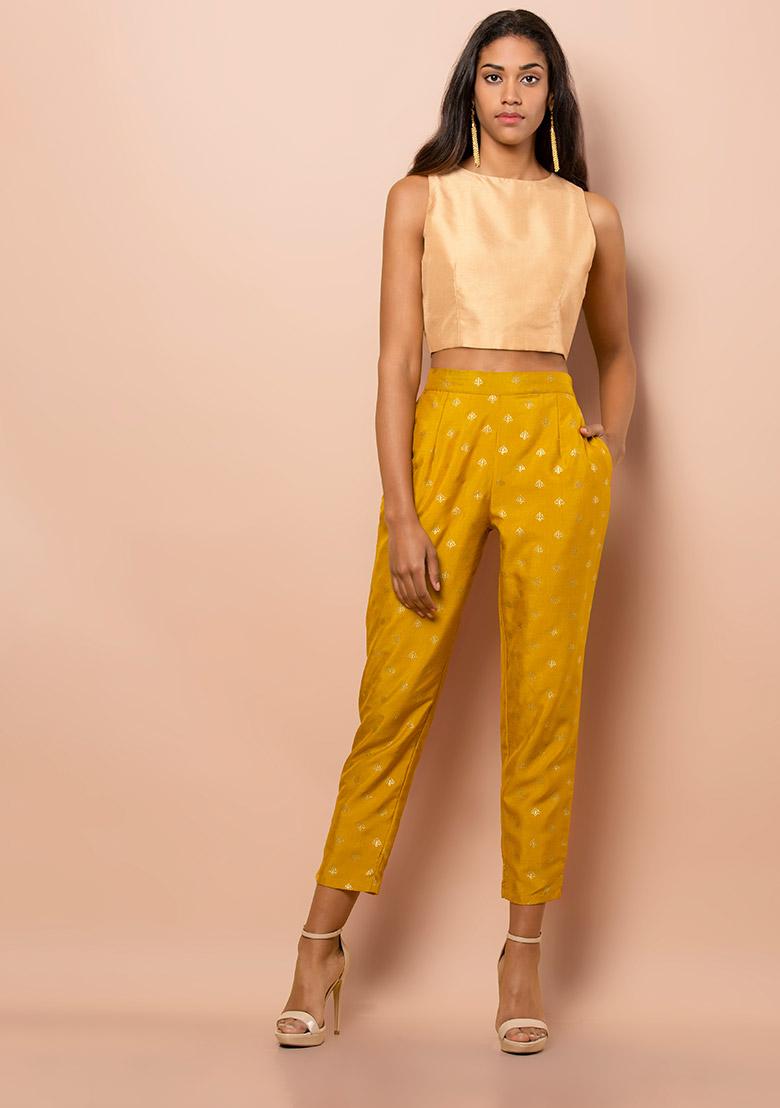 Buy Women Gold Mesh Insert Poly Silk Fitted Pants - Feed-Bottoms - Indya