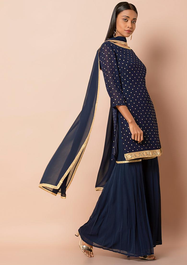 Electric Blue Pleated One Shoulder Dress with White Sharara Pants –  KabiriJaipur