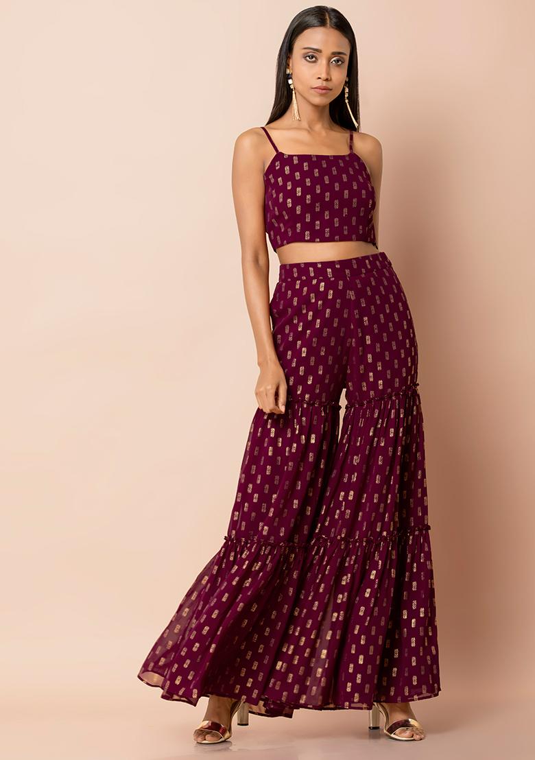 Party wear embroidered soft slik printed crop top with palazzo pant an