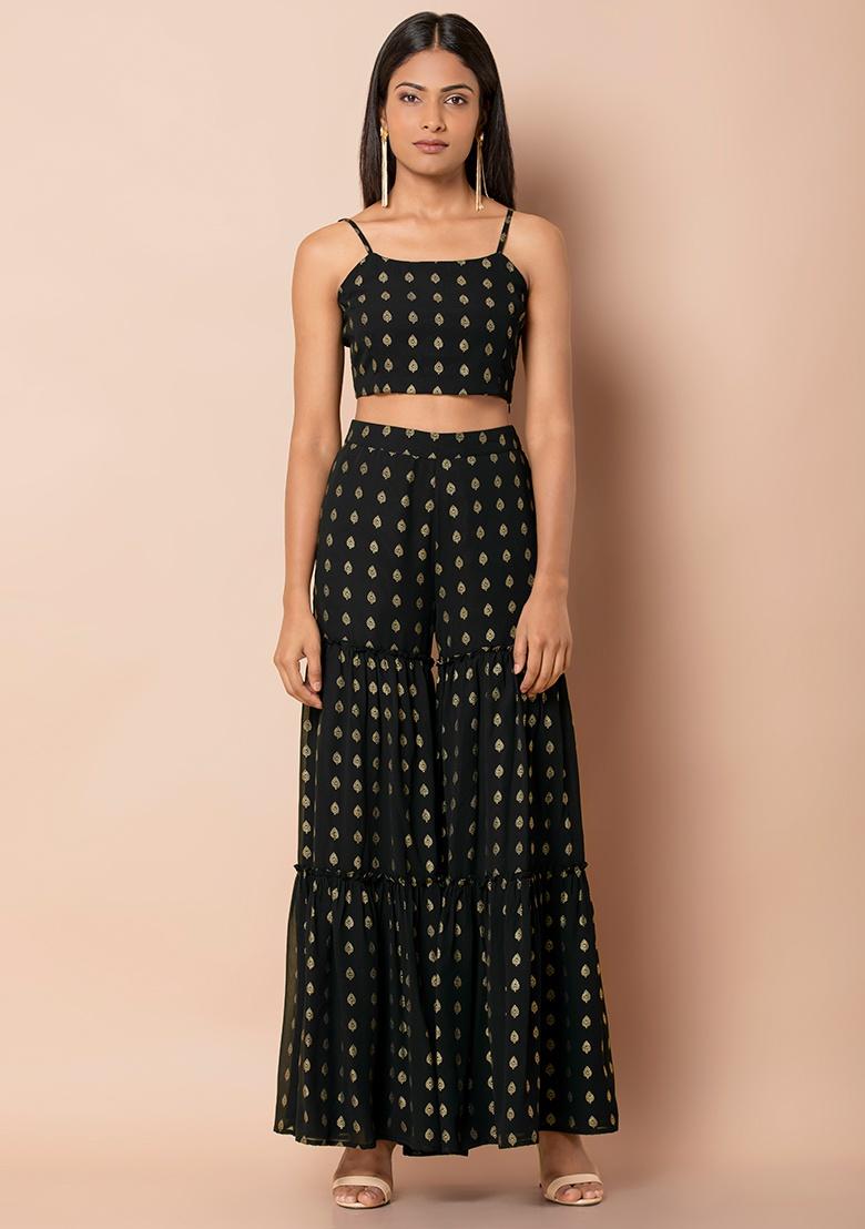 Black Foil Tiered Sharara Pants - Indya