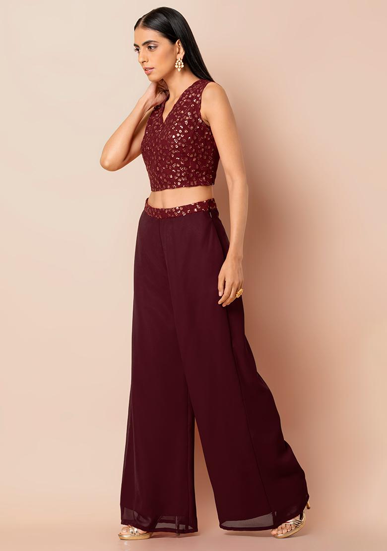 Buy Women Maroon Embroidered Waist Palazzo Pants - Cocktail Wear - Indya