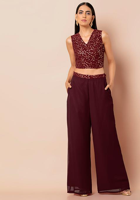 Buy Women Maroon Embroidered Waist Palazzo Pants - RTW - Indya