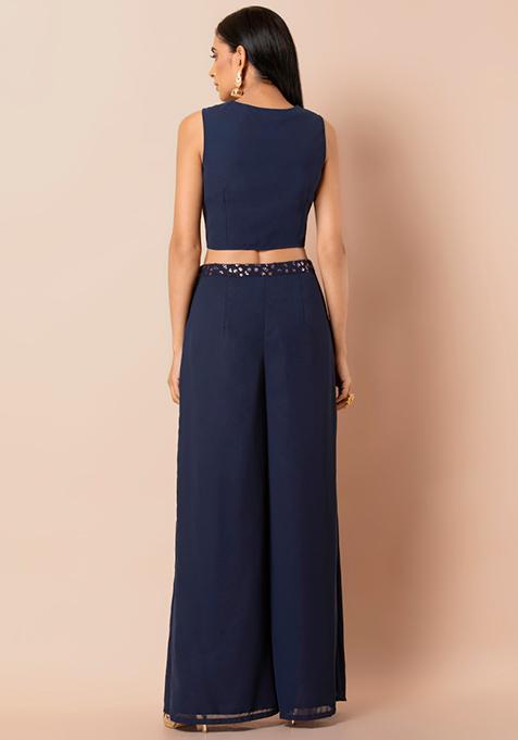 Buy Women Navy Embroidered Waist Palazzo Pants - RTW - Indya