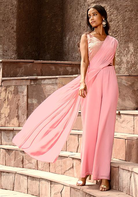 Pink Palazzo Pants with Asymmetric Attached Dupatta