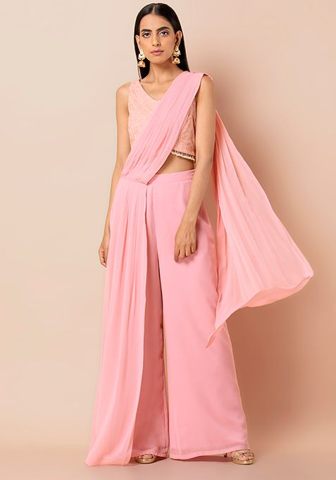 Buy Women Pink Palazzo Pants With Asymmetric Attached Dupatta - RTW - Indya