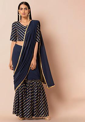 Navy Sequined Sharara Pants with Attached Dupatta