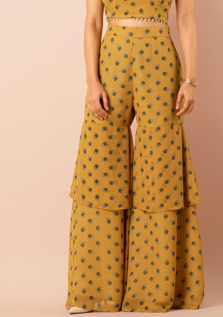 Buy Yellow embroidered peplum & layered sharara pants -Designer Wear -  Ensemble