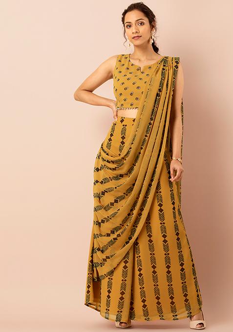 Yellow Floral Pleated Sharara Pants with Attached Dupatta 