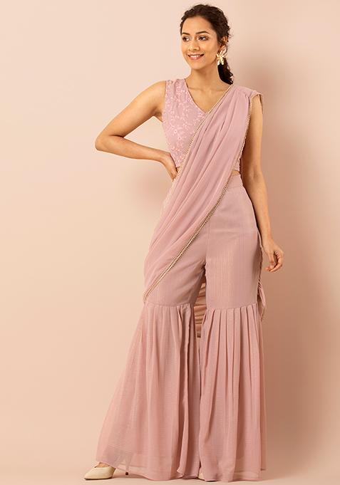 Blush Foil Pleated Sharara Pants with Attached Dupatta 