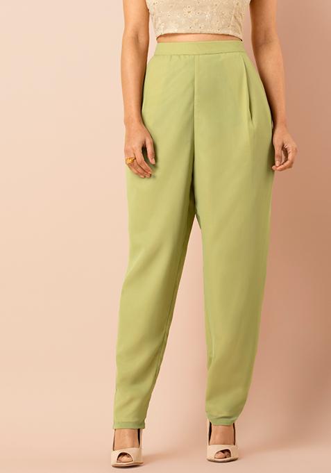 Lime Pleated Narrow Pants with Pockets 