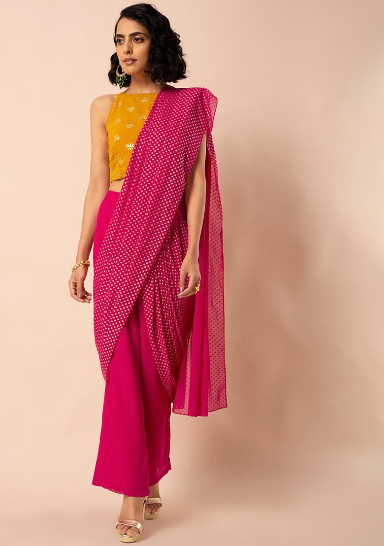 Buy Women Pink Top And Printed Palazzo Pants With Attached Dupatta And Belt  (Set Of 3) - Feed-Fusion-Set - Indya