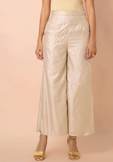 Beige Foil Floral Flared Palazzo Pants 