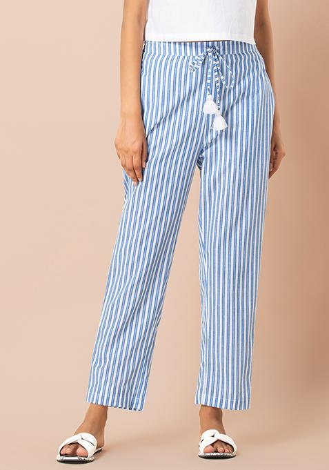 Buy Women Blue White Striped Cotton Narrow Pants - RTW - Indya