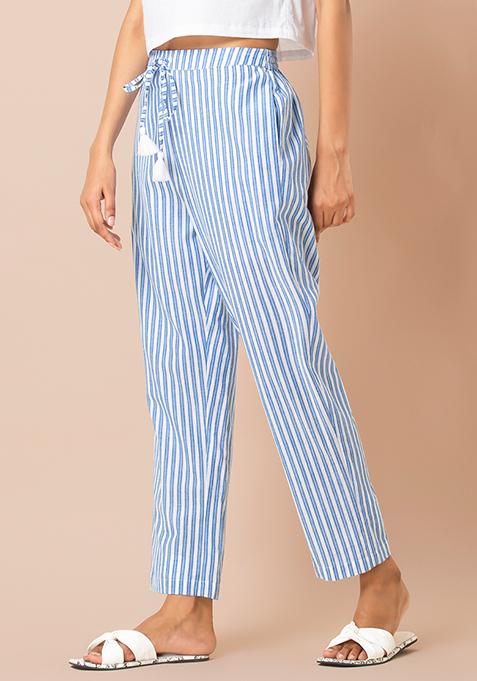 Buy Women Blue White Striped Cotton Narrow Pants - Bloggers-Page ...