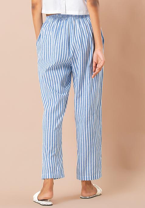 Buy Women Blue White Striped Cotton Narrow Pants - RTW - Indya