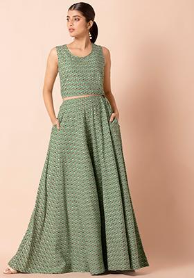 Olive Floral Crop Top and Palazzo Pants 