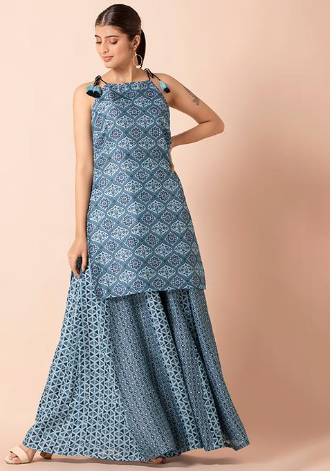 Blue Printed Panelled Flared Palazzo Pants