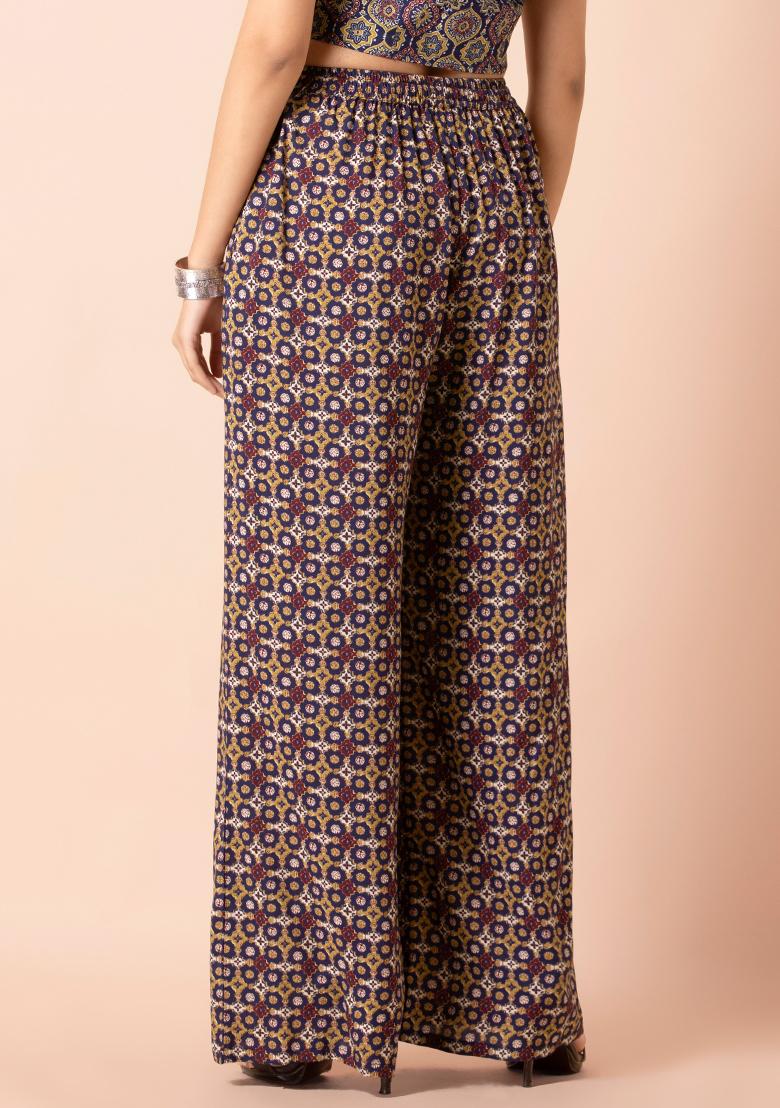 Navy Mustard Geo Print Straight Palazzo Pants with Pockets  - Indya