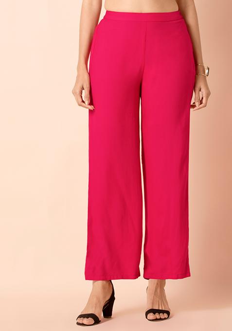 Buy Women Pink Solid Palazzo Pants - Feed-Bottoms - Indya