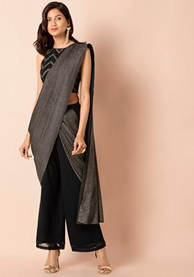 Black Dotted Foil Palazzo Pants with Attached Dupatta