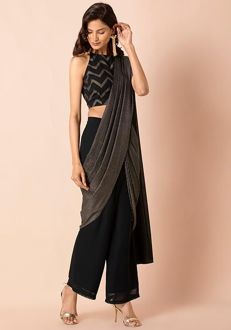 RAVEN BLACK DRAPED WIDE PALAZZO PANTS PAIRED WITH A MATCHING HAND  EMBROIDERED CROPPED TOP AND AN ATTACHED STOLE DUPATTA  Seasons India