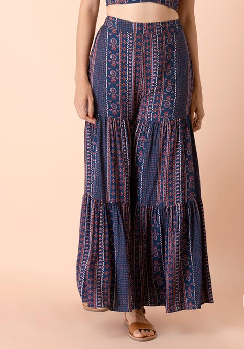 Buy Women Blue Striped Tiered Sharara Pants - RTW - Indya