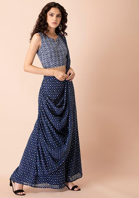 Buy Women Blue Bandhej Palazzo Pants With Attached Dupatta - RTW - Indya