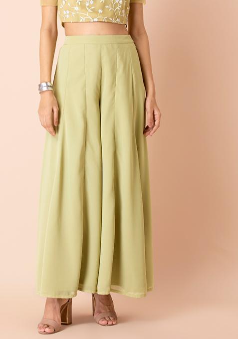Lime Solid Flared Palazzo Pants