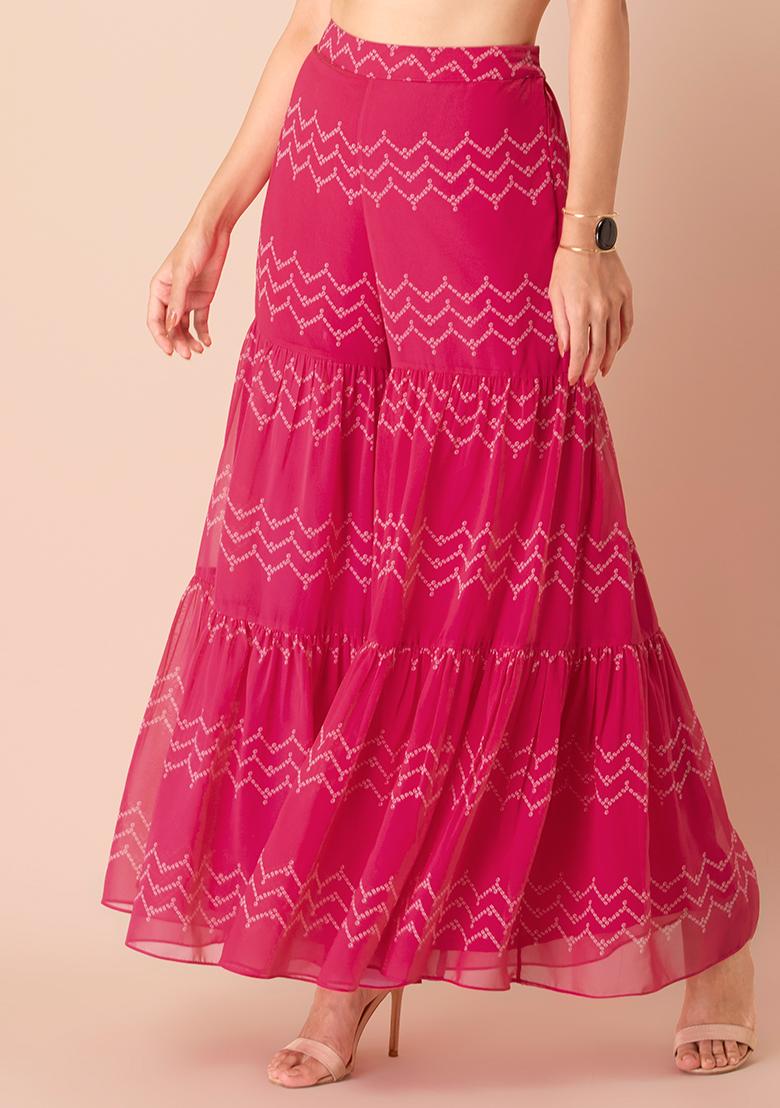 Pink Bandhej Chevron Tiered Sharara Pants 