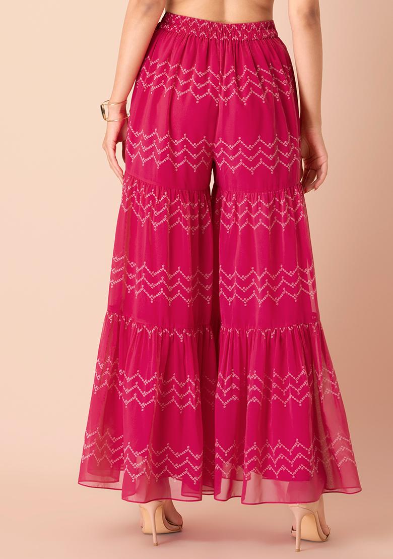 Pink Bandhej Chevron Tiered Sharara Pants 