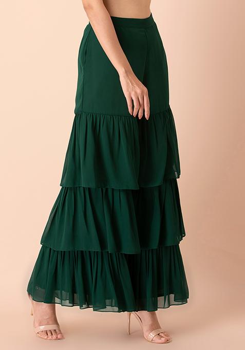 Buy Women Green Tiered Ruffled Sharara Pants - RTW - Indya