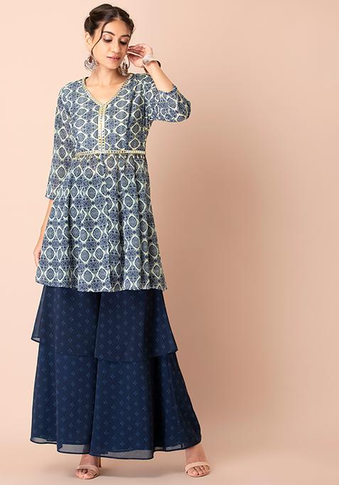 Ajrakh Fusion Wear Tunic Pant-One Side Sleeve Top Pant-Indo Western Style Tunic Pant Set-Cotton Block Printed Pant Trouser-Off Shoulder Set