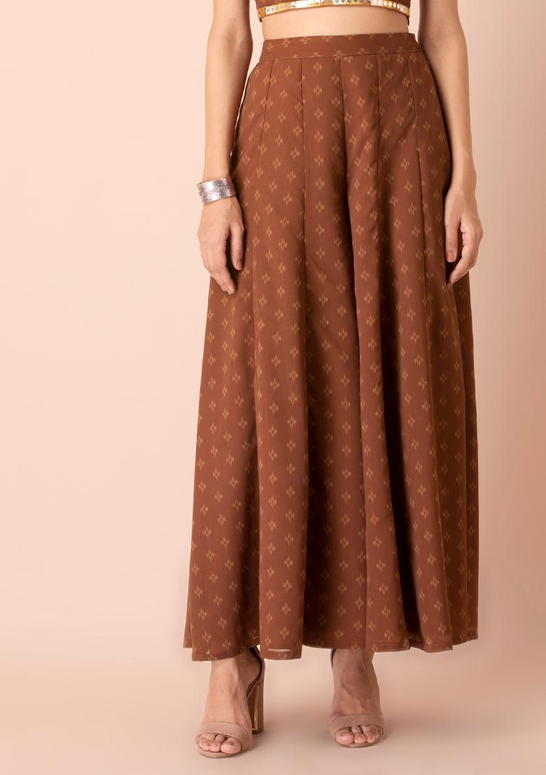 Buy Brown Pleated Flared Palazzo Online - RK India Store View
