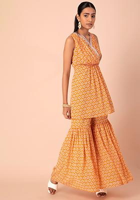 Yellow Ikat Printed Pleated Sharara Pants 