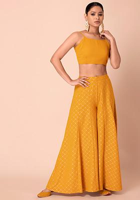 Yellow Foil Panelled Flared Palazzo Pants 