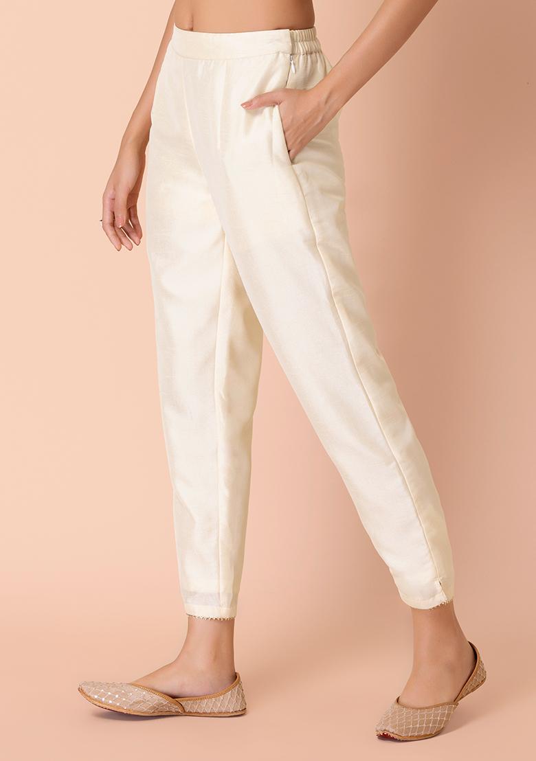 Buy Women Ivory Poly Silk Fitted Pants  Bottoms  Indya