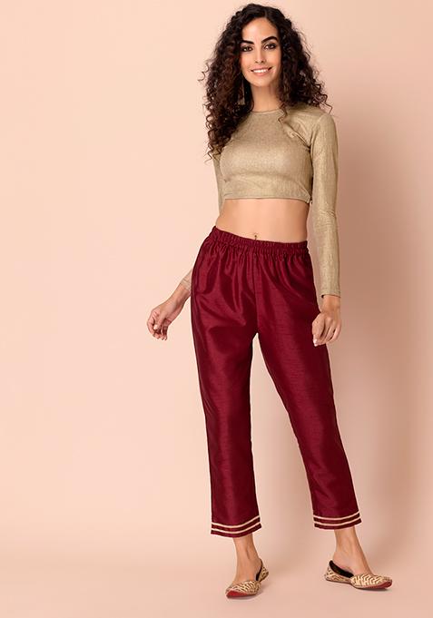 Maroon Poly Silk Fitted Pants 