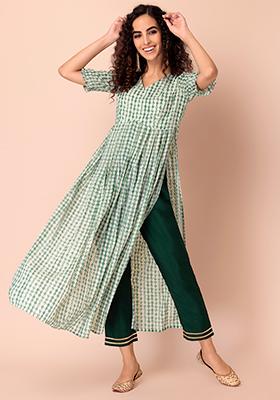 Olive Green High Low Kurti With Pleated Palazzo Pants – ZOMO