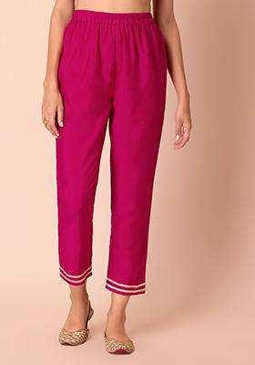 Hot Pink Poly Silk Fitted Pants