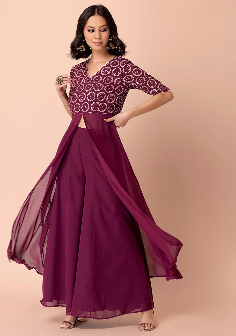 Real Georgette Wine Dress Suit Sharara Bottom