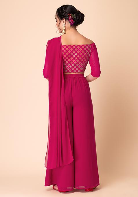 Pink Colour Different Fabric Top ( T.L 46) And Palazo Pant (P.H 39) With Dupatta.