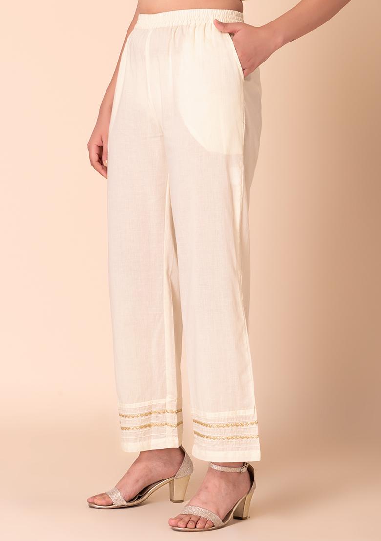 Women's Rayon White Palazzo Pants with Single Lace - Relaxed Fit