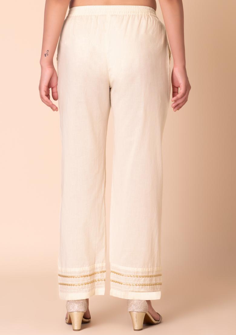 Off-White Palazzo Pants With Lace Detailing 